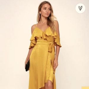 Lulus wrap golden colored satin off shoulder midi dress